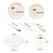 The Ivory Vintage Disposable Tableware Set includes 10” dinner plates, 7.5” appetizers, flatware, 6.25” bowls, and 3.75” cups