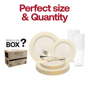 The Ivory with Gold Edge Rim Plastic Wedding Set includes 10.25-inch dinner plates, 7.5-inch appetizers, gold utensils, and 4.5-inch cups