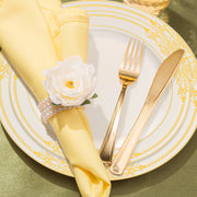 The Ivory with Gold Harmony Rim Plastic Wedding Set provides perfect sizes and quantities for large, elegant events