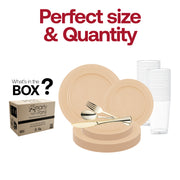 The Matte Bright Yellow Round Disposable Plastic Wedding Value Set includes 10" dinner plates, 7.5" appetizer plates, 7.25" forks, 8" knives, 6.25" spoons, and 4.5" cups, covering all your dining needs