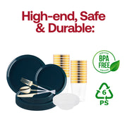 The Navy Flat Round Tableware Set includes perfectly portioned pieces suited for formal dinners, parties, and catered events