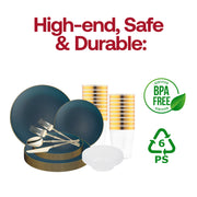 The Navy with Gold Organic Disposable Tableware Set features just-right sizing to host weddings, celebrations, and stylish feasts
