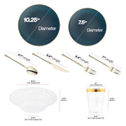 The Navy with Gold Organic Disposable Tableware Set includes 10.25” plates, 7.5” appetizers, utensils, 6.25” bowls, and 3.75” cups