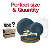 The Navy with Gold Rim Organic Round Disposable Plastic Wedding Value Set includes 10.25" dinner plates, 7.5" appetizer plates, 7.25" forks, 8" knives, 6.25" spoons, and 4.5" cups, offering all the essentials to elevate your occasion