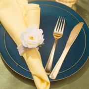 The Navy with Gold Rim Organic Round Disposable Plastic Wedding Value Set offers the ideal size and quantity, ensuring you have everything needed for a seamless celebration