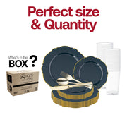 The Navy with Gold Rim Round Blossom Disposable Plastic Wedding Value Set includes a 10" dinner plate, 7.5" appetizer plate, 7.25" fork, 8" knife, 6.25" spoon, and 4.5" cup, offering everything you need to set the table for your celebration