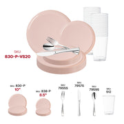 The Pink Flat Round Disposable Plastic Wedding Value Set features a 10" dinner plate, 8.5" appetizer plate, 7.25" fork, 8" knife, 6.25" spoon, and 4.5" cup—perfectly sized for any event.