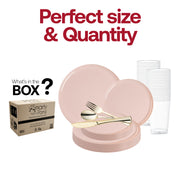 The Pink Flat Round Disposable Plastic Wedding Value Set features a 10" dinner plate, 8.5" appetizer plate, 7.25" fork, 8" knife, 6.25" spoon, and 4.5" cup—perfectly sized for any event