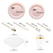 The Pink Vintage Disposable Tableware Set includes 10” plates, 7.5” appetizers, forks, knives, spoons, 6.25” bowls, and 3.75” cups