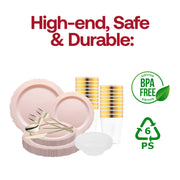 The Pink Vintage Tableware Set provides just-right sizing for birthday dinners, baby showers, bridal brunches, and formal meals