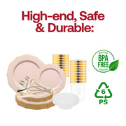The Pink with Gold Blossom Rim Disposable Plastic Tableware Set presents perfectly balanced sizing for upscale weddings and events