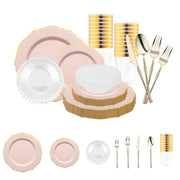 The Pink with Gold Blossom Rim Disposable Plastic Tableware Set with gold cutlery exudes romance and elegance for grand festivities