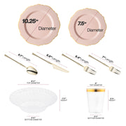 The Pink with Gold Blossom Rim Disposable Tableware Set includes 10.25-inch dinner plates, 7.5-inch appetizers, forks, knives, spoons, 3.75-inch cups, and 7-inch bowls