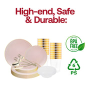 The Pink with Gold Organic Disposable Plastic Tableware Set offers ideal proportions for upscale events, dinners, and receptions