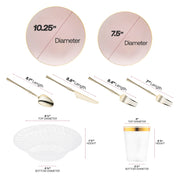 The Pink with Gold Organic Disposable Tableware Set includes 10.25” dinner plates, 7.5” appetizers, flatware, 3.75” cups, and 6.25” bowls