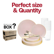 The Pink with Gold Organic Round Disposable Plastic Wedding Value Set includes 10.25" dinner plates, 7.5" appetizer plates, 7.25" forks, 8" knives, 6.25" spoons, and 4.5" cups, ensuring you have all the essential pieces for your gathering