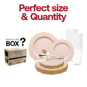 The Pink with Gold Rim Round Blossom Disposable Plastic Wedding Value Set with gold cutlery includes a 10" dinner plate, 7.5" appetizer plate, 7.25" fork, 8" knife, 6.25" spoon, and 4.5" cup, providing all the essentials for your celebration