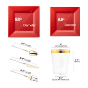 The Red Square Disposable Plastic Tableware Set includes 9.5-inch dinner plates, 6.5-inch appetizer plates, golden utensils, and elegant 4.5-inch cups