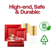 The Red Square Disposable Plastic Tableware Set offers perfectly proportioned pieces, ideal for lavish festive gatherings and elegant receptions