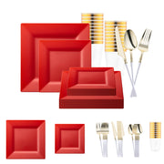 The Red Square Disposable Plastic Tableware Set with gold cutlery infuses vibrant sophistication into weddings, galas, and luxurious events.