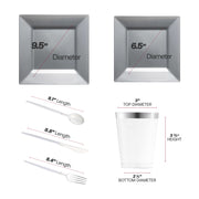 The Silver Square Disposable Plastic Tableware Set includes 9.5-inch dinner plates, 6.5-inch appetizers, silverware, and 4.5-inch cups