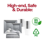The Silver Square Disposable Plastic Tableware Set offers ideal sizing and portions, perfect for hosting stylish grand occasions