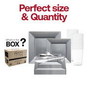 The Silver Square Plastic Wedding Value Set includes 9.5-inch dinner plates, 6.5-inch appetizer plates, refined silverware, and 4.5-inch cups
