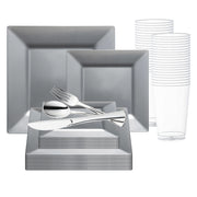 The Silver Square Plastic Wedding Value Set with silver cutlery exudes contemporary sophistication for weddings and grand occasions