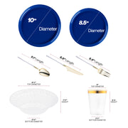 The Solid Blue Flat Round Tableware Set includes 10” and 8.5” plates, gold utensils, 6.25” bowls, and 3.75” drink cups