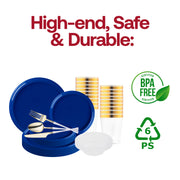 The Solid Blue Flat Round Tableware Set includes ideal sizes for serving stylish meals at weddings, dinners, or parties