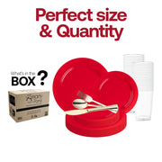 The Solid Red Holiday Round Disposable Plastic Wedding Value Set includes 10.25" dinner plates, 7.5" appetizer plates, 7.25" forks, 8" knives, 6.25" spoons, and 4.5" cups, providing everything you need for your holiday celebration