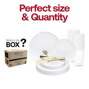 The Solid White Organic Round Disposable Plastic Wedding Value Set includes 10.25" dinner plates, 7.5" appetizer plates, 7.25" forks, 8" knives, 6.25" spoons, and 4.5" cups, ensuring you have every essential piece to enhance your event