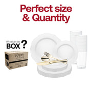The Solid White Round Blossom Disposable Plastic Wedding Value Set includes a 10" dinner plate, 7.5" appetizer plate, 7.25" fork, 8" knives, 6.25" spoons, and 4.5" cups, covering all your dining needs