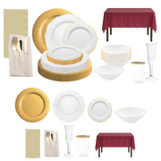 The To Have And To Hold Package arranged with gold chargers, white dinner plates, and burgundy tablecloths for an elegant wedding.