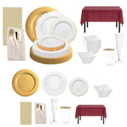 The To Have And To Hold Package arranged with gold chargers, white dinner plates, and burgundy tablecloths for an elegant wedding.