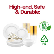 The White Blossom Rim Disposable Plastic Tableware Set offers ideal sizing for lavish gatherings, grand weddings, and formal celebrations