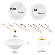 The White Blossom Rim Disposable Tableware Set includes 10.25-inch dinner plates, 7.5-inch appetizers, gold utensils, 3.75-inch cups, and 7-inch bowls