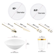 The White Flat Round Tableware Set includes 10” dinner and 8.5” appetizer plates, full cutlery set, 7” bowls, and 3.75” cups