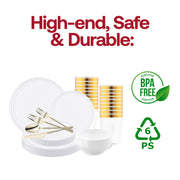The White Flat Round Tableware Set offers ideal portions and complete pieces for upscale parties, events, or dinner receptions