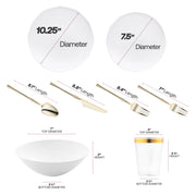 The White Organic Disposable Tableware Set includes 10.25” dinner plates, 7.5” appetizers, forks, knives, spoons, 3.75” cups, and 7” bowls