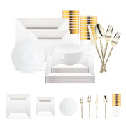 The White Square Disposable Plastic Tableware Set brings sophisticated, modern refinement to weddings, galas, and upscale events