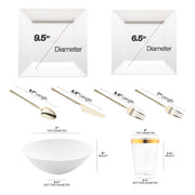 The White Square Disposable Plastic Tableware Set includes 9.5-inch dinner plates, 6.5-inch appetizers, gold-accented cutlery, and 4.5-inch cups