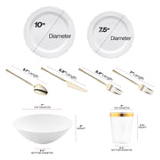 The White Vintage Disposable Tableware Set includes 10” plates, 7.5” appetizers, gold utensils, 7” bowls, and 3.75” serving cups