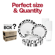 The White with Black Dalmatian Spots Round Disposable Plastic Wedding Value Set includes 10" dinner plates, 7.5" appetizer plates, 7.25" forks, 8" knives, 6.25" spoons, and 4.5" cups, ensuring you have everything needed for your event