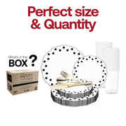 The White with Black Dots Round Blossom Disposable Plastic Wedding Value Set includes 10.25" dinner plates, 7.5" appetizer plates, 7.25" forks, 8" knives, 6.25" spoons, and 4.5" cups, ensuring your event is fully equipped with every essential piece
