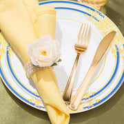 The White with Blue and Gold Harmony Rim Set offers ideal sizing and quantities to host stylish weddings and events