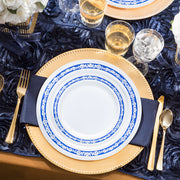 The White with Blue and Silver Royal Rim Plastic Wedding Set provides ideal sizing and quantities for large events