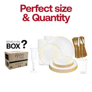 The White with Gold Antique Floral Plastic Grand Wedding Value Set includes 10" dinner plates, 7.5" appetizer plates, 7.25" forks, 8" knives, 6.25" spoons, and 4.5" cups, providing a complete dining set for your event