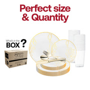The White with Gold Antique Floral Round Disposable Plastic Wedding Value Set includes 10.25" dinner plates, 7.5" appetizer plates, 7.25" forks, 8" knives, 6.25" spoons, and 4.5" cups, offering everything needed for a complete table setting