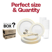 The White with Gold Edge Rim Plastic Wedding Set includes 10.25-inch dinner plates, 7.5-inch appetizers, gold utensils, and 4.5-inch cups